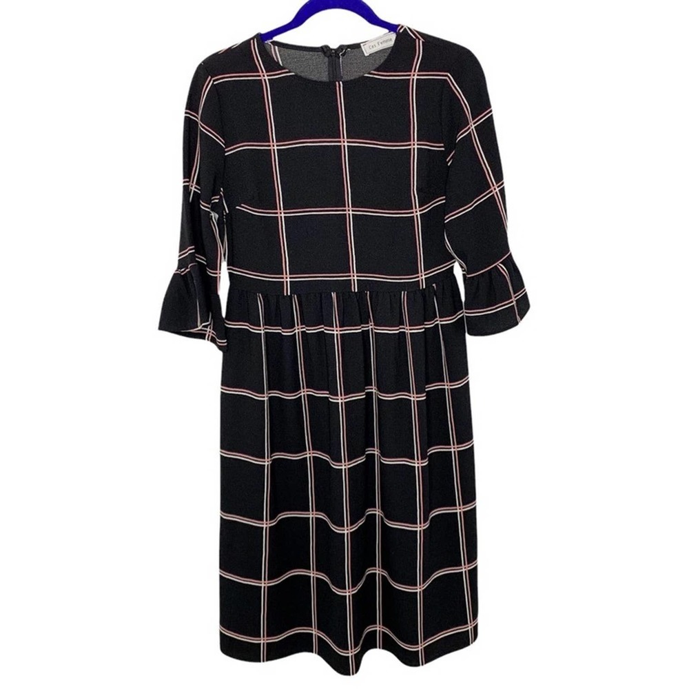 Ce femme black and pink window pane print ruffle midi dress size S